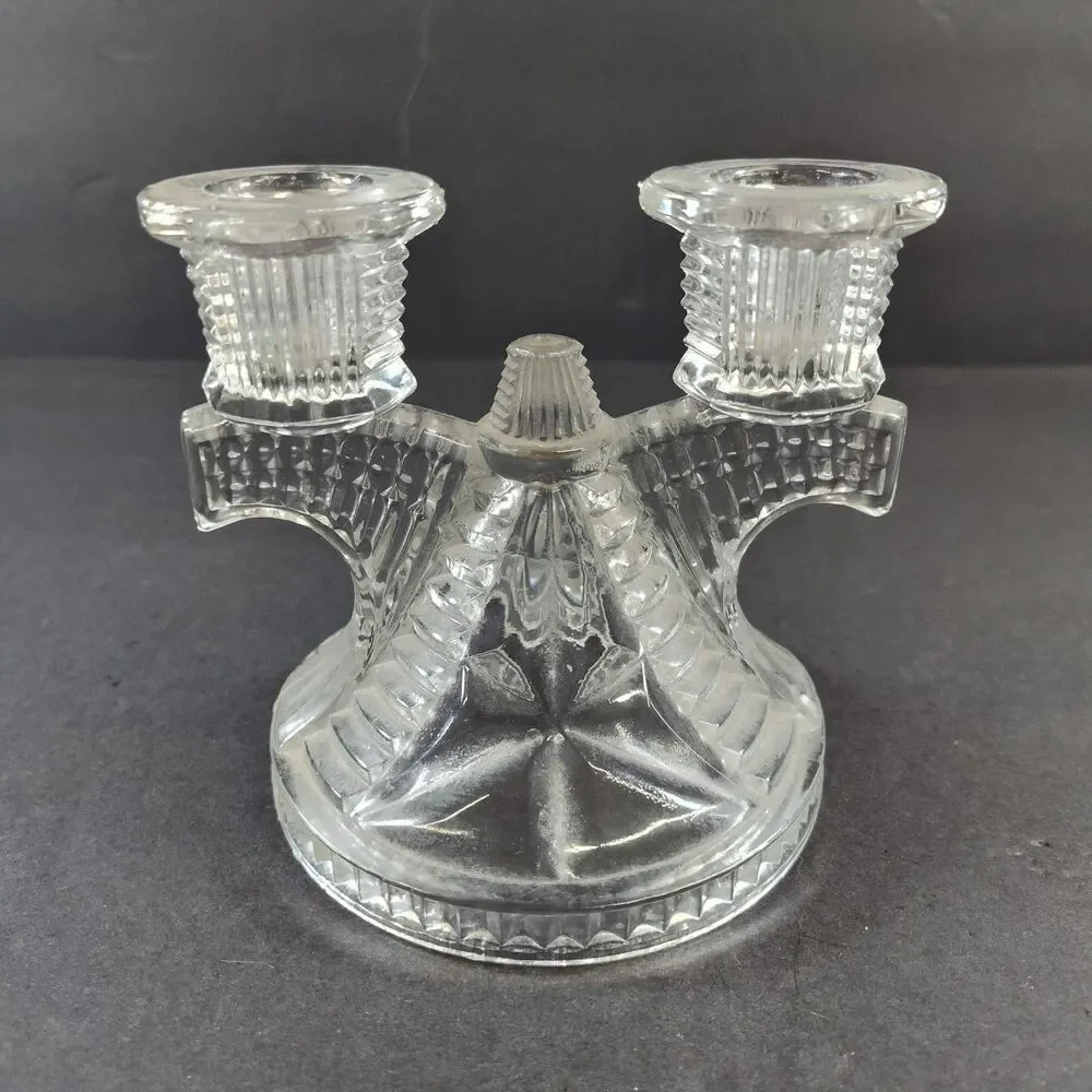 Vintage 30’s Federal Glass Wigwam Double Candlestick Holder Taper Depression